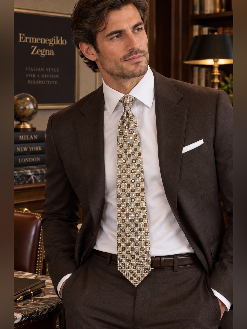 Ermenegildo Zegna Brown and Gold Geometric Silk Tie